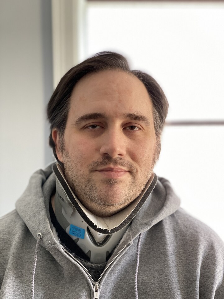 Matthew J. Harmon wearing an Aspen cervical collar, day 85 of 90
